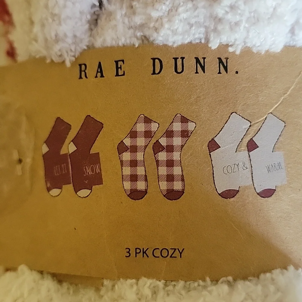 RAE DUNN 3 Pk Red Cream Embroidered Loungewear Cottage Winter Soft‎ Cozy Socks